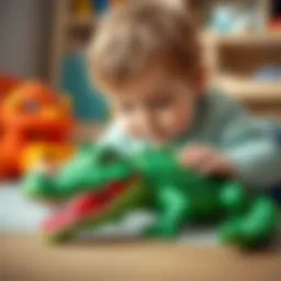 Child playing with crocodile toy, enhancing creativity