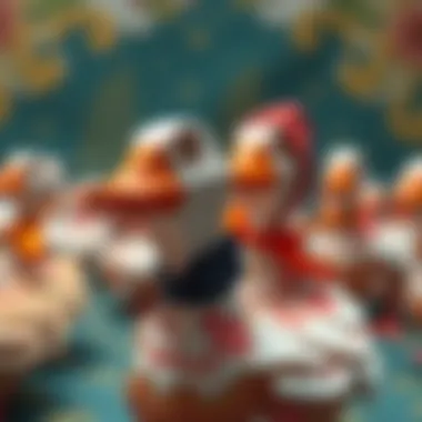 Detailed view of paper duck clothing designs
