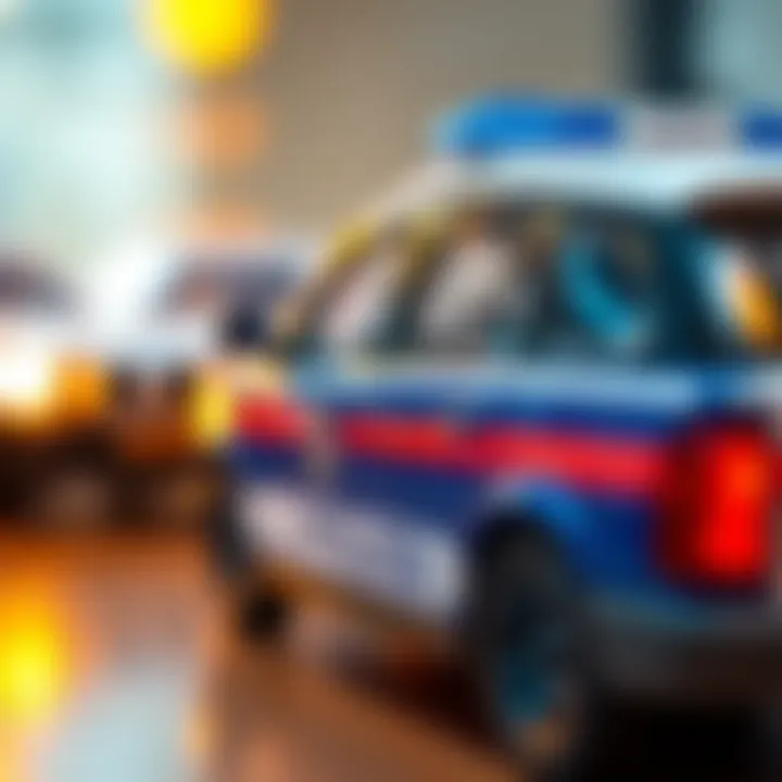 A close-up of a detailed toy police car showcasing design elements