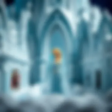 Elsa standing confidently in her iconic ice castle, symbolizing empowerment and independence.