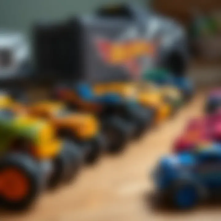 A diverse group of Hot Wheels Monster Trucks lined up, symbolizing variety and excitement