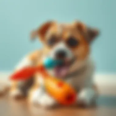 A dog happily playing with a chew toy