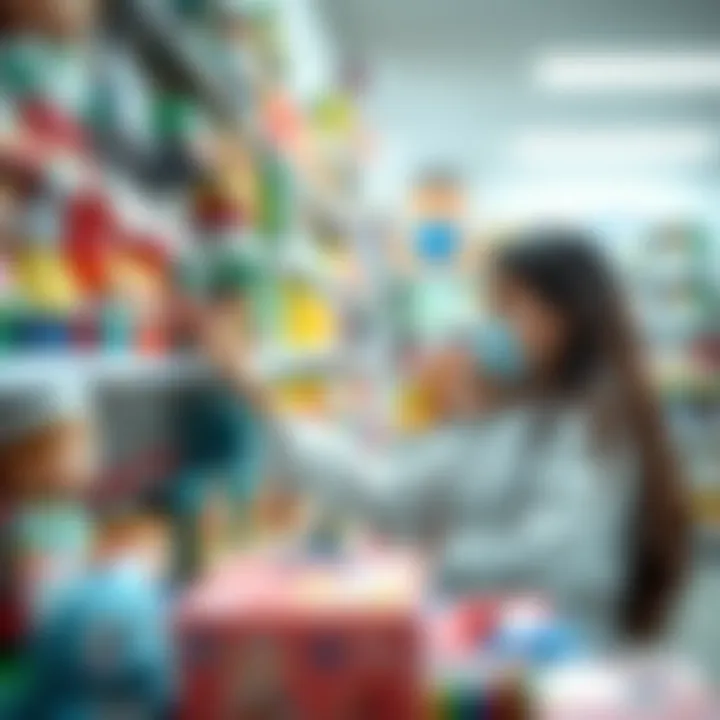A parent selecting a doctor toy from a store shelf