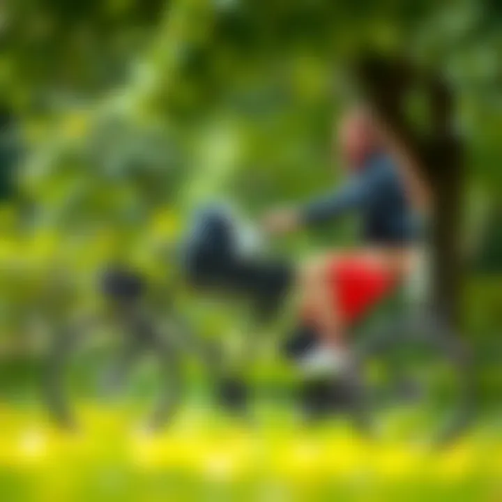 A parent riding a bicycle with a baby stroller attached