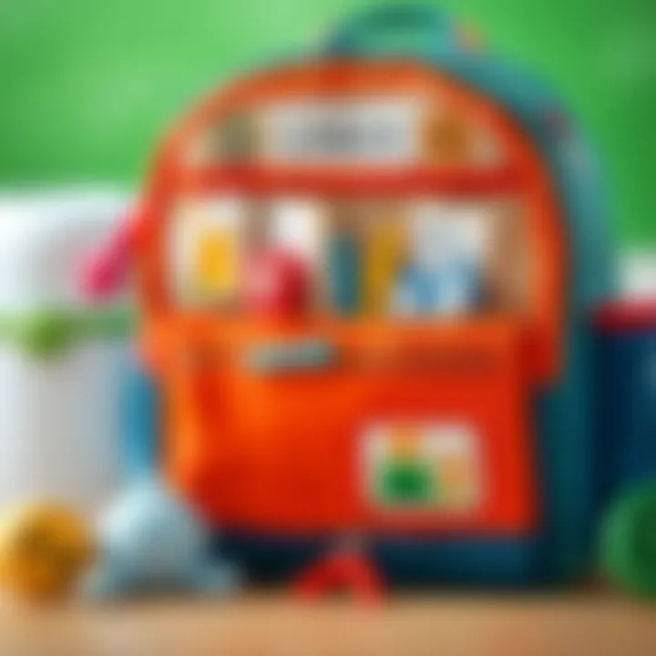 Close-up of educational features in Kral Şakir school bag.