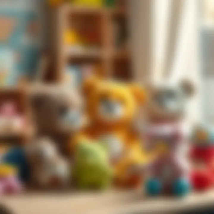 An educational setup with plush bears and toys