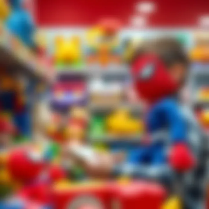A parent selecting educational toys, including a plush Spider-Man, highlighting safety and development.