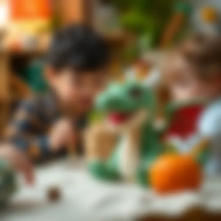 Children engaging in imaginative play with dragon plush toys