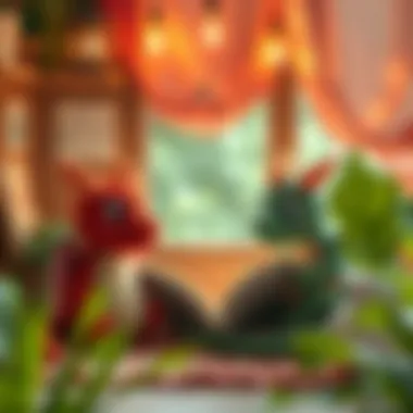 A cozy reading nook with dragon plush toys enhancing the environment