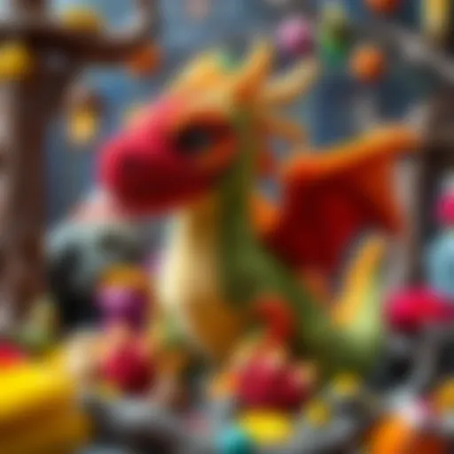 A vibrant dragon plush toy surrounded by a fantasy-themed backdrop