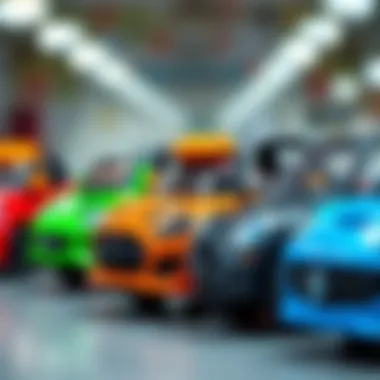 Different types of toy electric cars lined up