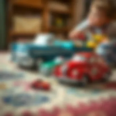 Child playing with classic toy cars on a carpet