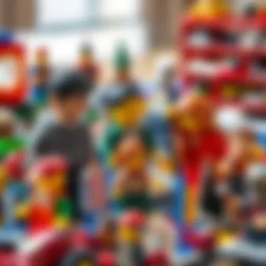 A family bonding over a Lego minifigure collection, illustrating the social aspect of Lego play.