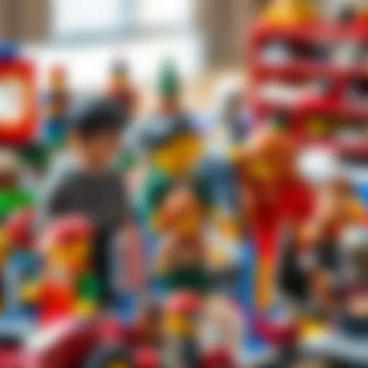 A family bonding over a Lego minifigure collection, illustrating the social aspect of Lego play.