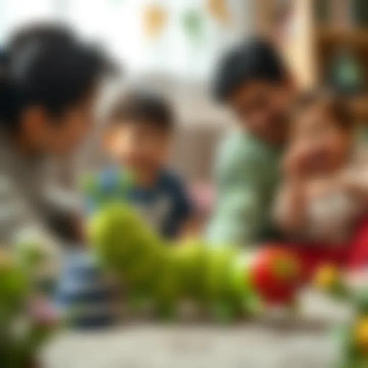 A cozy family setting where parents and children enjoy storytelling with the caterpillar toy.