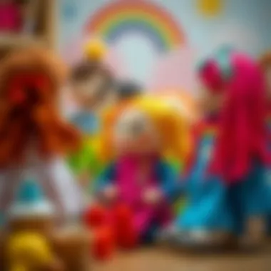 An educational scene highlighting the learning benefits of rainbow dolls.