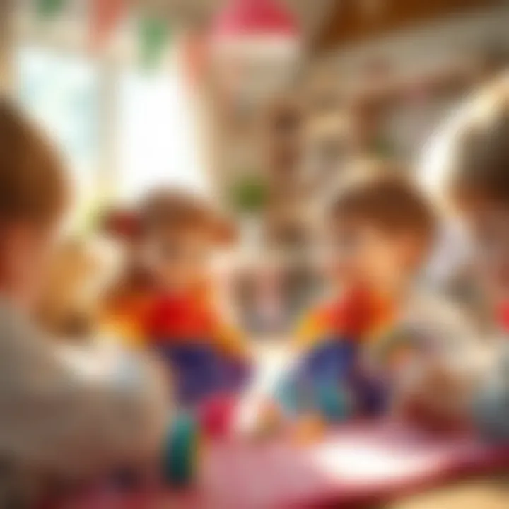 Children engaged in imaginative play with rainbow dolls in a bright setting.