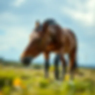A lively horse grazing in an open field