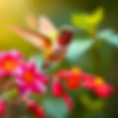A vibrant hummingbird feeding on nectar from flowers