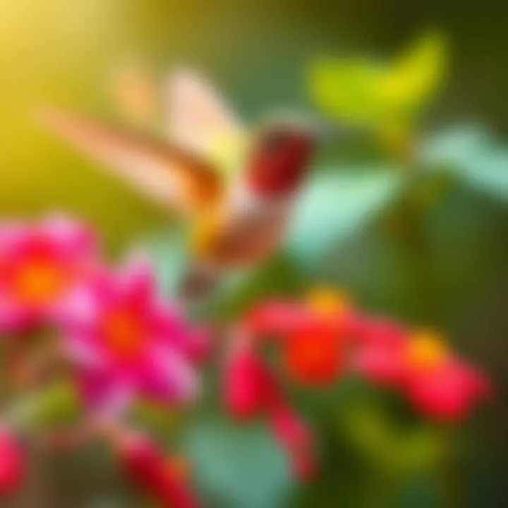 A vibrant hummingbird feeding on nectar from flowers