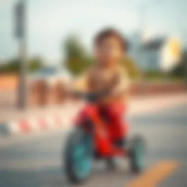 Child riding a four-wheeled bicycle with a smile