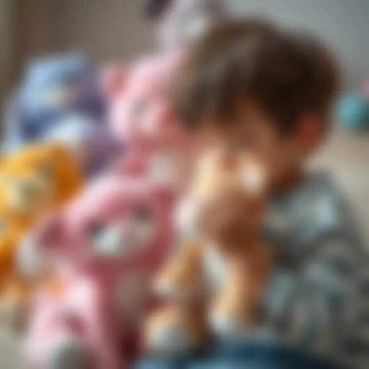 Child interacting with soft animal plushies