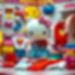 A colorful scene of Hello Kitty surrounded by various clothing items and accessories.