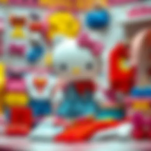 A colorful scene of Hello Kitty surrounded by various clothing items and accessories.