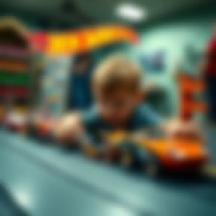 A child playing with Hot Wheels on a track