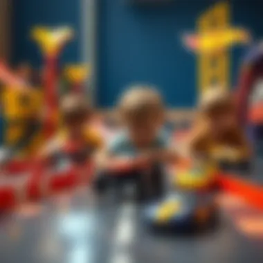 Children playing with Hot Wheels cars on an elaborate race track