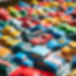 A vibrant collection of vintage Hot Wheels cars displayed in an organized manner