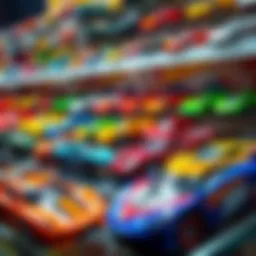 Colorful Hot Wheels cars displayed on a shelf