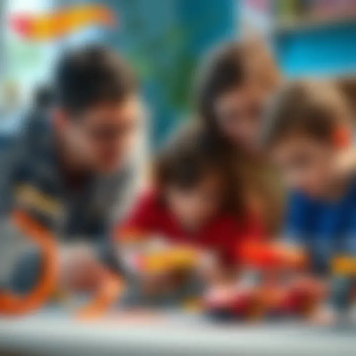 Parents observing children play with the Hot Wheels set