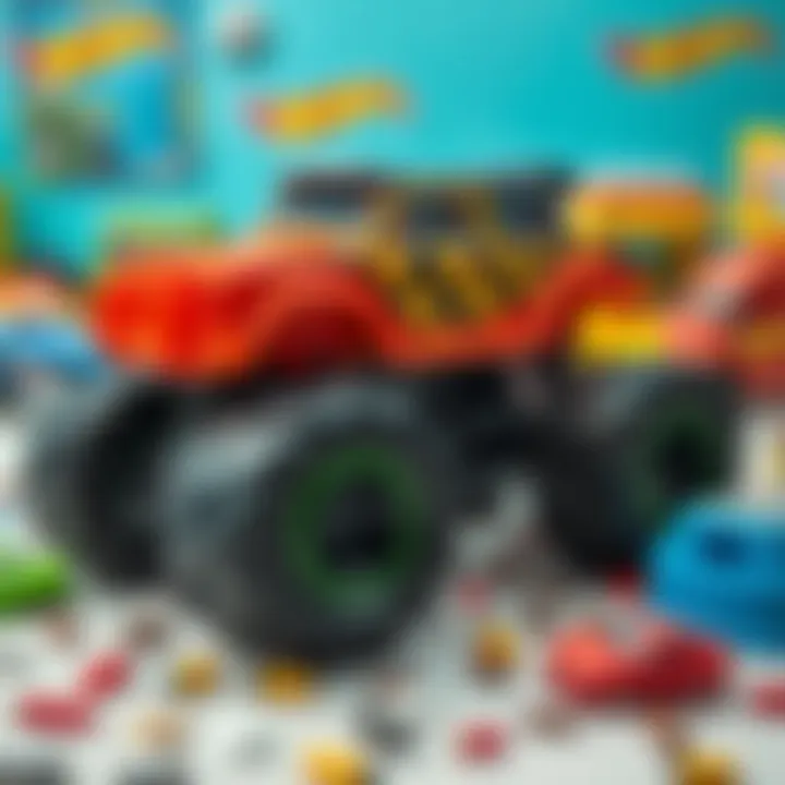An educational setup featuring Hot Wheels monster trucks and developmental toys