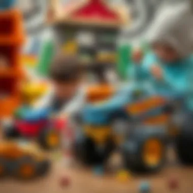 Children playing with Hot Wheels monster trucks in a fun environment