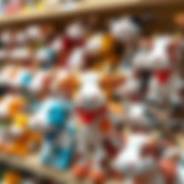 An array of colorful plush cow toys displayed on a shelf