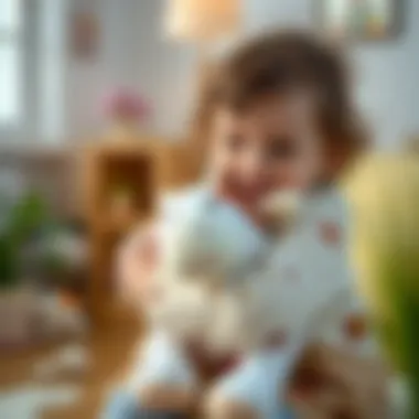 A cozy child hugging a plush cow toy in a bright room