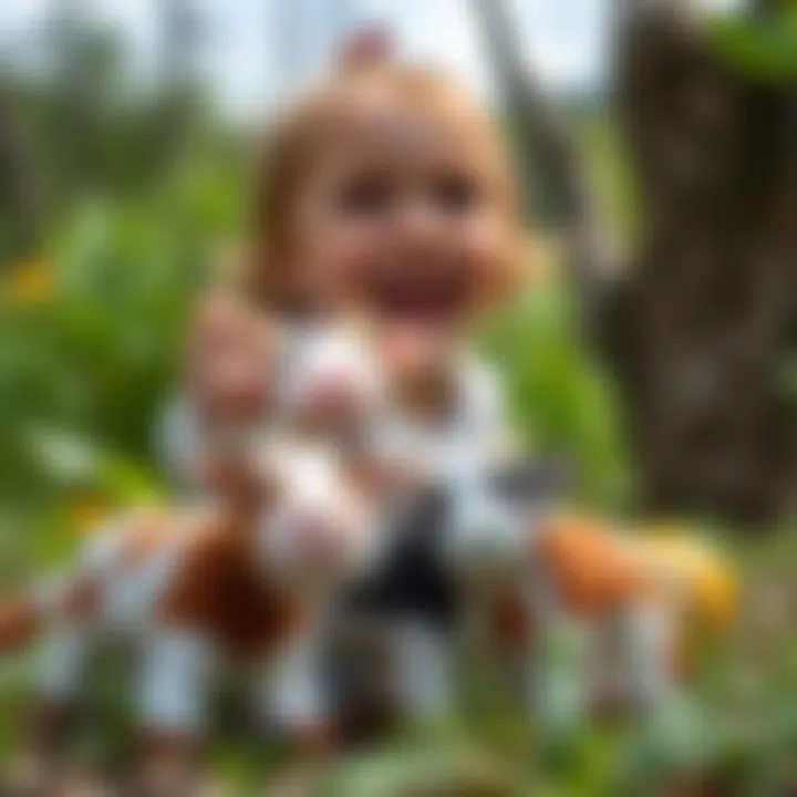 A child playing with plush cow toys outdoors, surrounded by nature