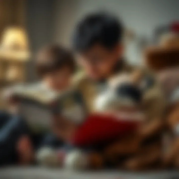 A parent reading a story to a child with a plush cow by their side