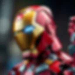 A detailed view of an Iron Man figure showcasing intricate design and craftsmanship