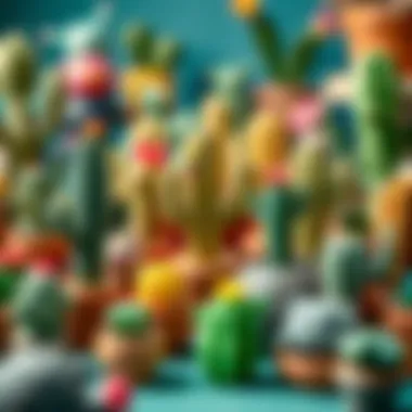 A variety of cactus toys displayed in a playful setting