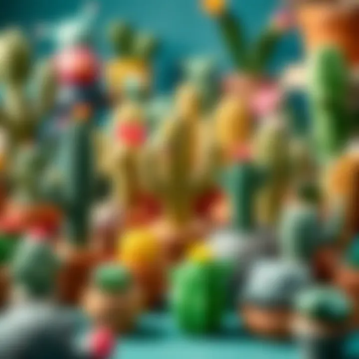 A variety of cactus toys displayed in a playful setting