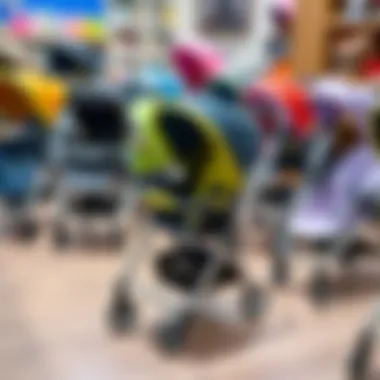 An array of different models of foldable strollers displayed.