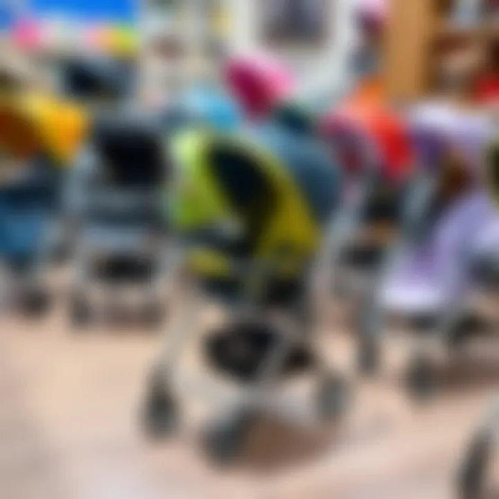An array of different models of foldable strollers displayed.