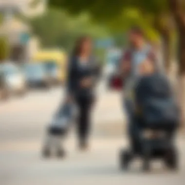 Parents effortlessly carrying a foldable stroller while traveling.