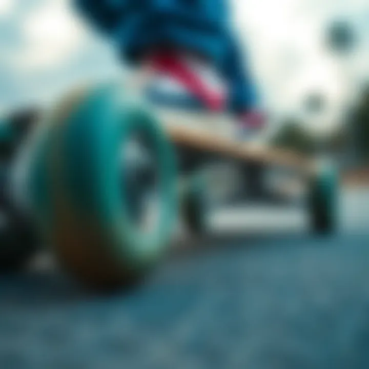 Close-up of skateboard wheels in motion