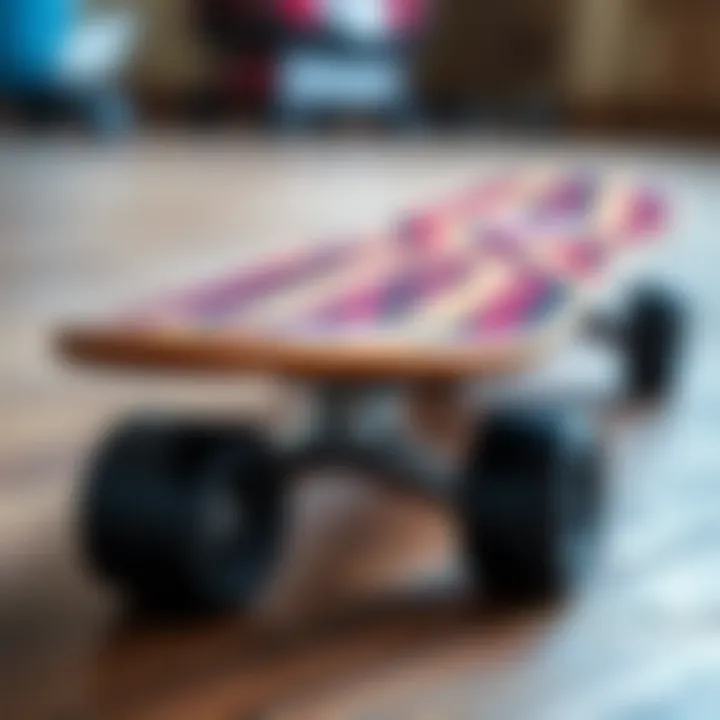 A close-up of a skateboard showcasing its design and wheels