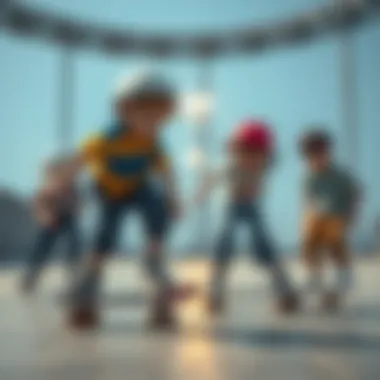 A group of children practicing skateboarding tricks in a safe environment