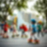 A vibrant skatepark bustling with children learning to skateboard