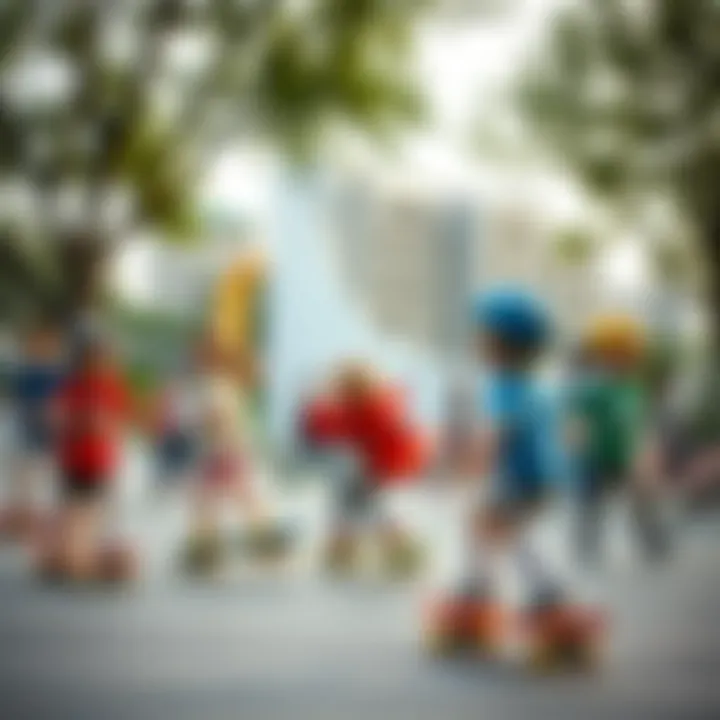 A vibrant skatepark bustling with children learning to skateboard